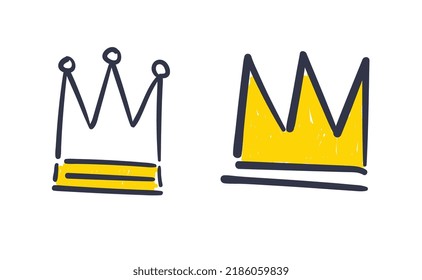 Set of hand drawn doodles crowns. Vector illustrations. Queen and King symbols.