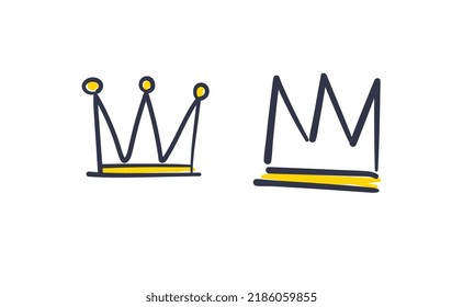 Set of hand drawn doodles crowns. Vector illustrations. Queen and King symbols.