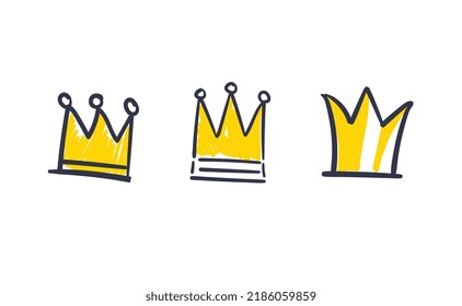 Set of hand drawn doodles crowns. Vector illustrations. Queen and King symbols.