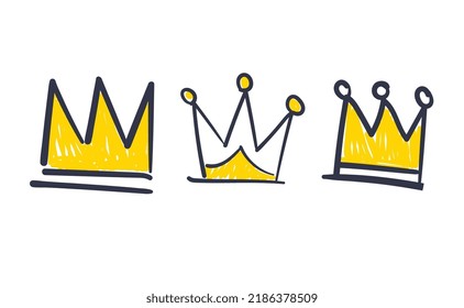 Set of hand drawn doodles crowns. Vector illustrations. Queen and King symbols.