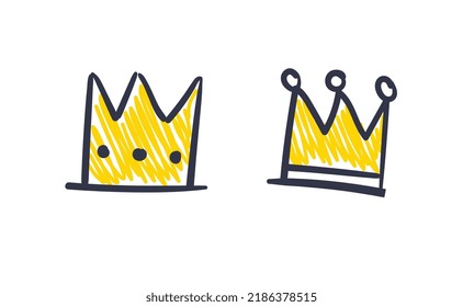 Un conjunto de coronas dibujadas a mano. Ilustraciones vectoriales. Símbolos Reina y Rey.