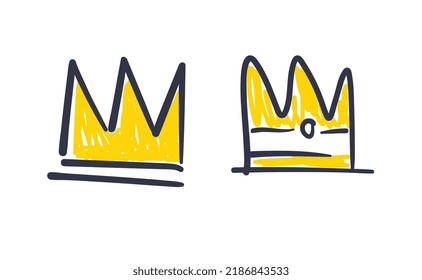 Set of hand drawn doodles crowns. Vector illustrations. Queen and King symbols.