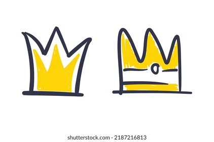 Set of hand drawn doodles crowns. Vector illustrations. Queen and King symbols.