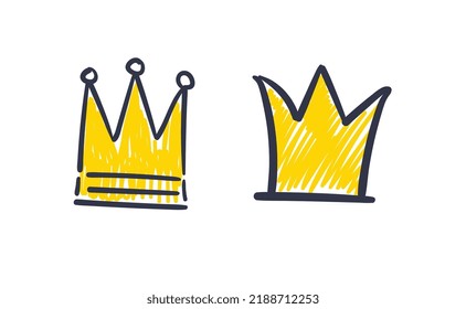 Set of hand drawn doodles crowns. Vector illustrations. Queen and King symbols.