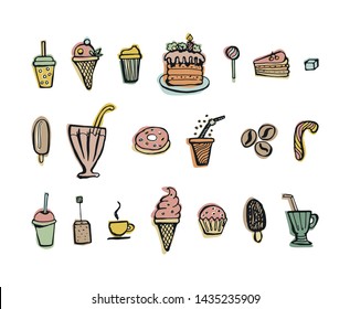 Set of hand drawn doodles of desserts and drinks. Coffee, tea, ice cream, cakes, pastries, sweets. Color vector isolated retro style illustration.