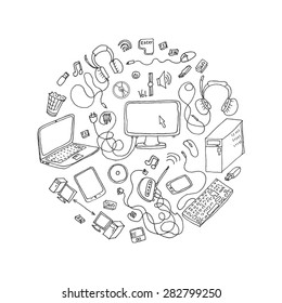 a set of hand drawn doodles of electronic gadget. vector illustration