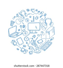 a set of hand drawn doodles of electronic gadget. vector illustration
