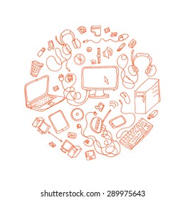 a set of hand drawn doodles of electronic gadget. vector illustration