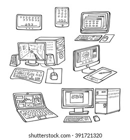 a set of hand drawn doodles of electronic gadget. vector illustration
