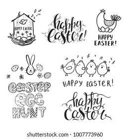 Set of hand drawn doodles elements: eggs, bunny, chicken. Handwritten brush inscriptions Happy Easter. Lettering and modern calligraphy. Vector holiday background.