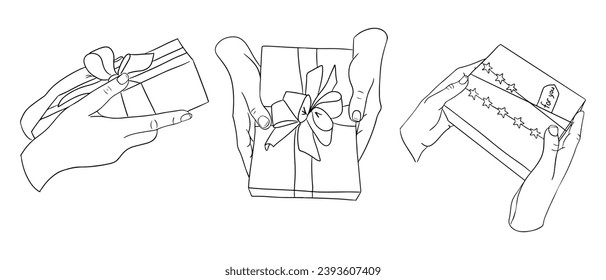 Set of hand drawn doodles with hand and gifts. Female hands giving gift box on celebration. Christmas, Valentines, birthday concept compositions. Perfect for tattoo, sticker, decoration, printout