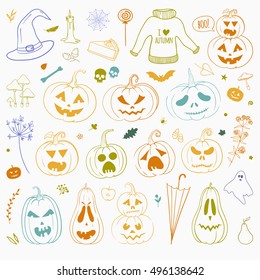 Set of hand drawn doodles for Halloween, Thanksgiving and other autumn holidays. Vector doodle isolated on white. 