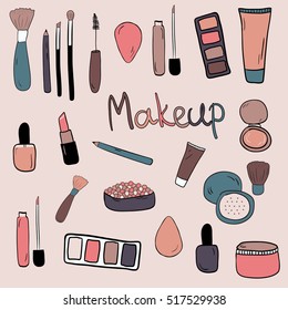 Set of hand drawn doodles with makeup items: brushes, shadows, mascara, foundation, cream, concealer, blush, bronzer, mineral powder, nail polish, beauty blender, brow pencil, lipstick.