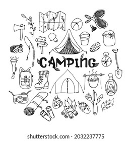 Set of hand drawn doodles on the theme of tourism and camping. Camping outline set. For posters and advertising for hiking. Linear vector illustration.Leave.