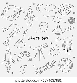 Set of hand drawn doodles on isolated white background. Space, astronomy, spaceship, stars, moon, sun, universe, cosmonaut, telescope, solar system. Ideal for stickers, cards, decoration and printing.