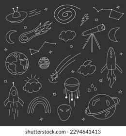 Set handgezeichnete Doodles auf einzeln schwarzem Hintergrund. Geeignet für Aufkleber, Karten, Dekorationen, Banner und Drucke. Raum, Astronomie, Raumschiff, Sterne, Mond, Sonne, Universum, Kosmonaut, Teleskop.