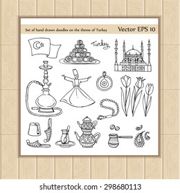 Set of hand drawn doodles on the theme of Turkey. Isolated symbols of Turkey. Sketches for use in design
