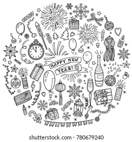 Set of hand drawn doodles on white background. Vector illustration with New Year isolated objects.