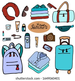 Set of hand drawn doodles of the road. Color vector illustration on a white background. Tourist-summer sketch with travel elements: suitcase, travel pillow, bag, backpack.