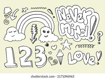 set of hand drawn doodles, stickers, phrases and lettering.