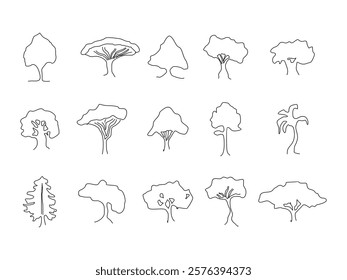 set of hand drawn doodles trees and bushes line art vector illustration on transparent background
