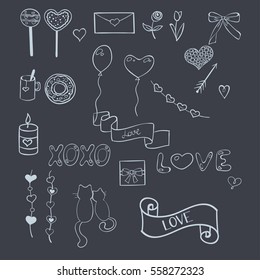 Set of hand drawn doodles for Valentine's Day isolated on chalkboard. Vector illustration.