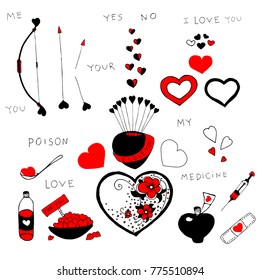 Set of hand drawn doodles for Valentine's Day isolated on white background, different hearts, love medicine kit, with text, flowers, sweets, decorative, red color, vector illustration, EPS 10