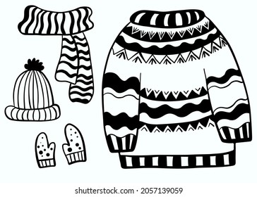 conjunto de garabatos dibujados a mano. Ropa de punto de invierno - suéter de Navidad, sombrero, bufanda y guantes. Ilustración vectorial. Esbozo negro gráfico para diseño, decoración, postales e impresión