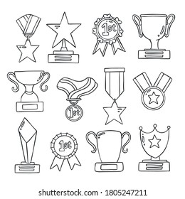 Set of hand drawn doolde medal & trophy