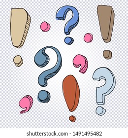 Set of hand drawn dot, comma, exclamation and question marks on a transparent background. Cartoon punctuation marks in grunge texture style. Vector illustration.