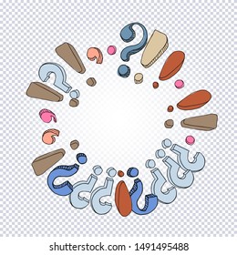 Set of hand drawn dot, comma, exclamation and question marks arranged in a circle on a transparent background. Cartoon punctuation marks in grunge texture style. Vector illustration.