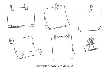 Set of hand drawn dotted line sticky notes, paper scrolls, and clips for memo or reminder design elements