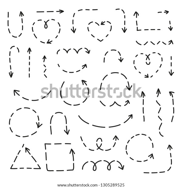 白い背景に手描きの点線付きマーカーの矢印のセット のベクター画像素材 ロイヤリティフリー 1305289525