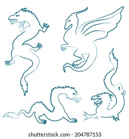 Set of hand drawn dragon silhouettes