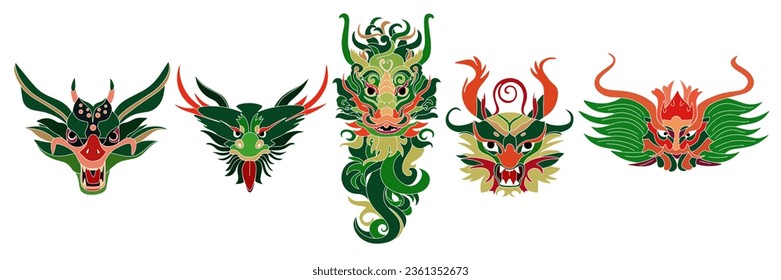 Set hand drawn dragon's heads. Green dragon head symbol of 2024 year. Vector illustration.