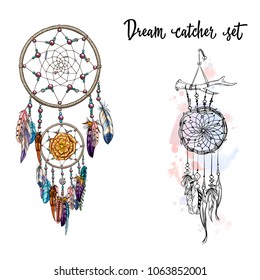 Set of hand drawn dream catchers. Feathers, beads and flowers. Vector illustration