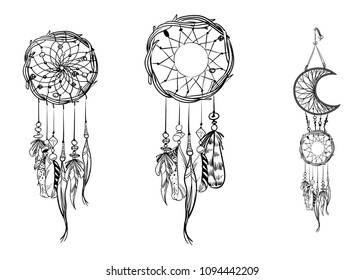 Set of hand drawn dream catchers. Ornate ethnic items, feathers and beads. Monochrome vector illustration