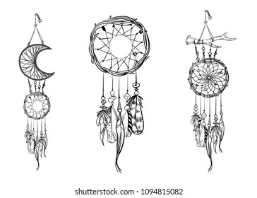 Set of hand drawn dream catchers. Ornate ethnic items, feathers and beads. Monochrome vector illustration
