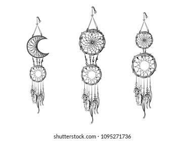 Set of hand drawn dream catchers. Ornate ethnic items, feathers and beads. Monochrome vector illustration