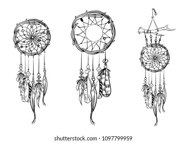 Set of hand drawn dream catchers. Ornate ethnic items, feathers and beads. Monochrome vector illustration svg