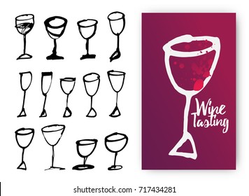 Set Of Hand Drawn Drink Cups. Illustration Of Design Template With Wine Glass. Vector Illustration.
