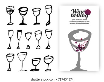 Set of hand drawn drink cups. Illustration of design template with wine glass. Vector Illustration.
