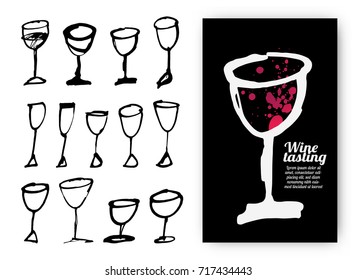Set of hand drawn drink cups. Illustration of design template with wine glass. Vector Illustration.

