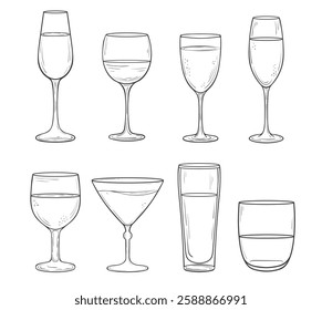 Set of hand drawn drinking glasses. Different glasses for alcoholic beverages: scotch, shot, red wine, margarita etc. Cocktail glasses for menu, decoration, coloring pages