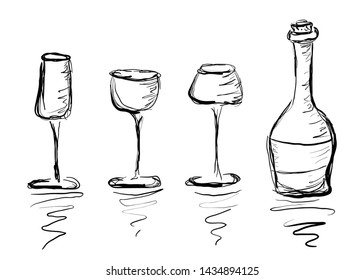 Set of hand drawn drinks. Stylized bottle and glasses. Isolated.