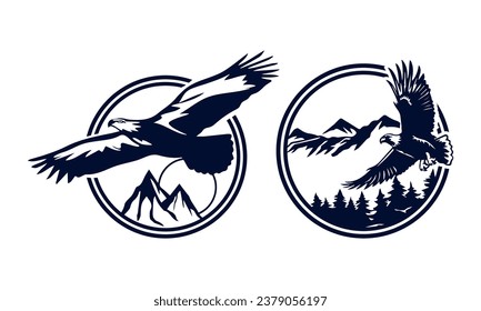 Set of hand drawn eagle adventure logo badge. Eagle logo for outdoor camping or hiking hobbies.