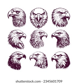 set of hand drawn eagles head isolated on white background