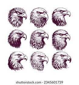 set of hand drawn eagles head isolated on white background