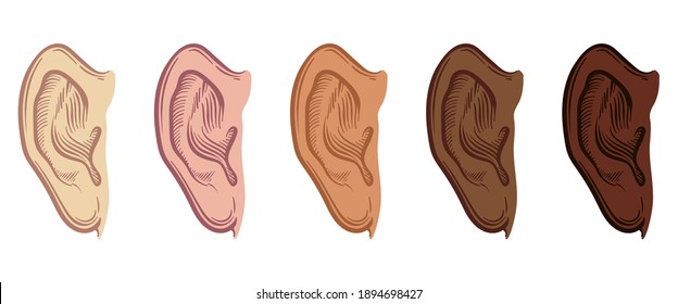 Set of Hand Drawn Ear Sketch Symbol with different skin color. Vector Listen Element In doodle Style isoleted on white.