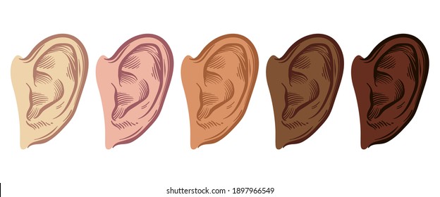 Set of Hand Drawn Ear Sketch Symbol with different skin color. Vector Listen Element In doodle Style isoleted on white.